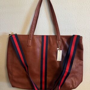 Aspen Lane Vegan Leather Cognac
Tote with Striped Strap NWT